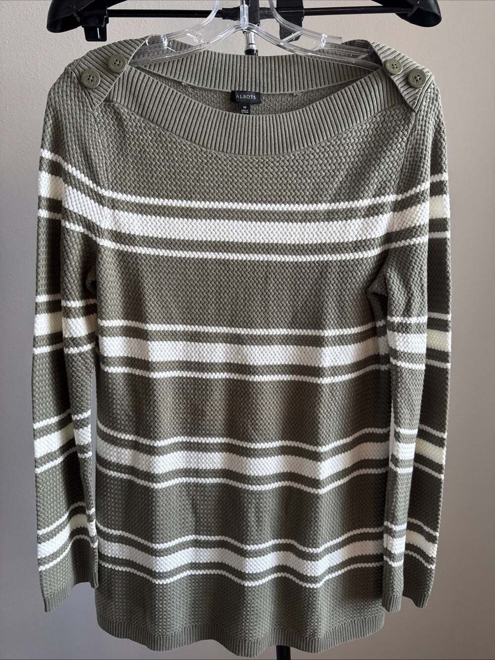 Talbots Olive (Army) Green and Cream Striped Long Sleeve Sweater Size Medium NEW